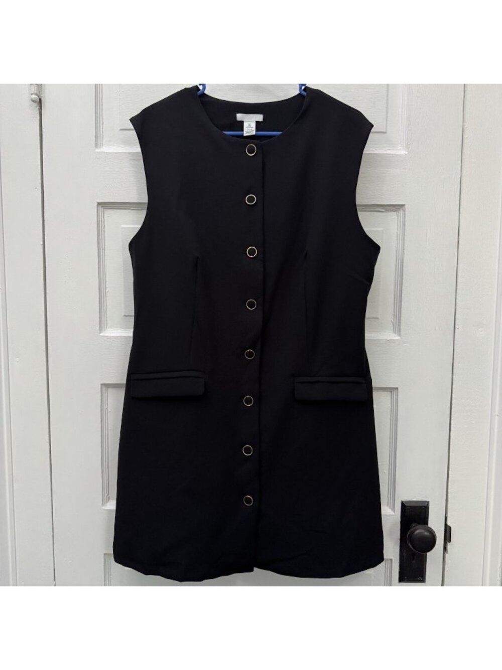 H&M Women’s Black Sleeveless Button Front Vest Mini Dress Gold Tone Size L